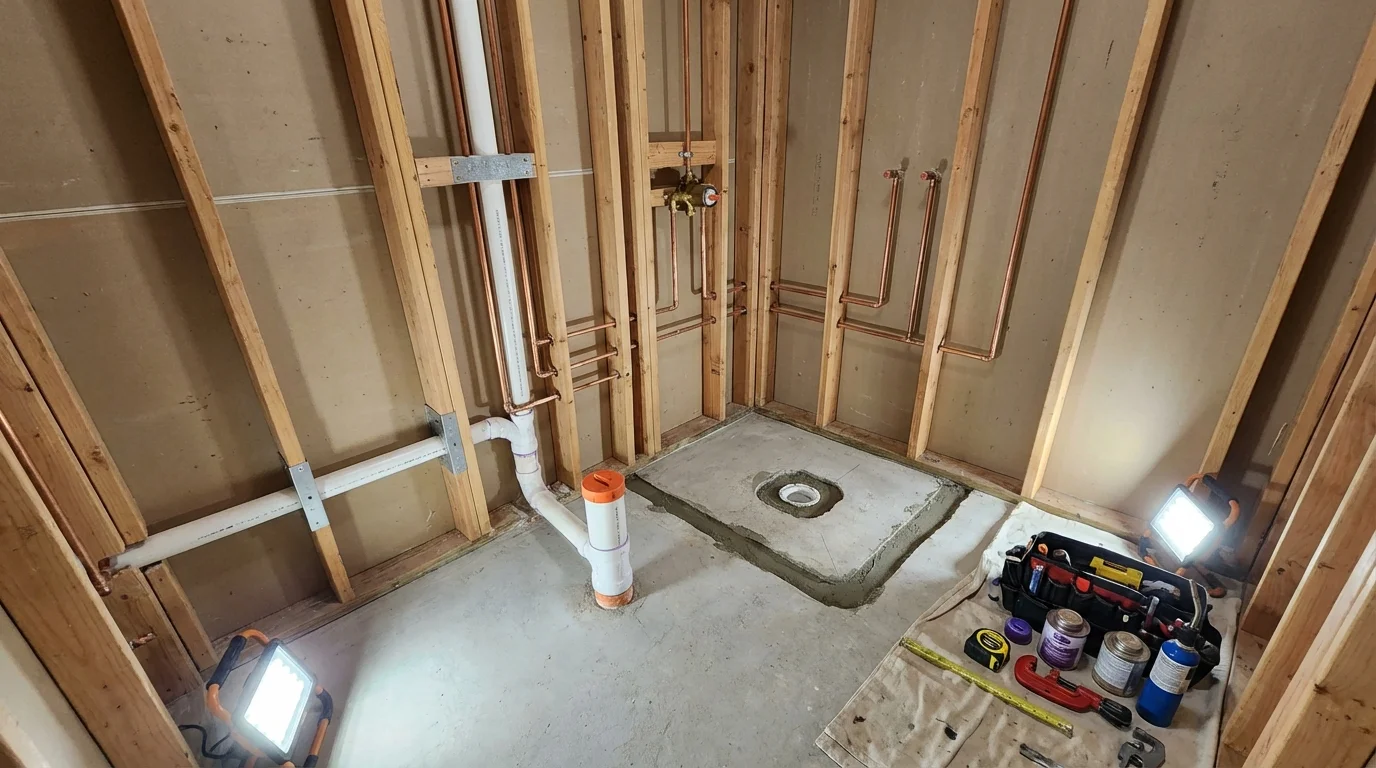 Bathroom rough-in plumbing during remodel by Johns Plumbing LLC in Catoosa