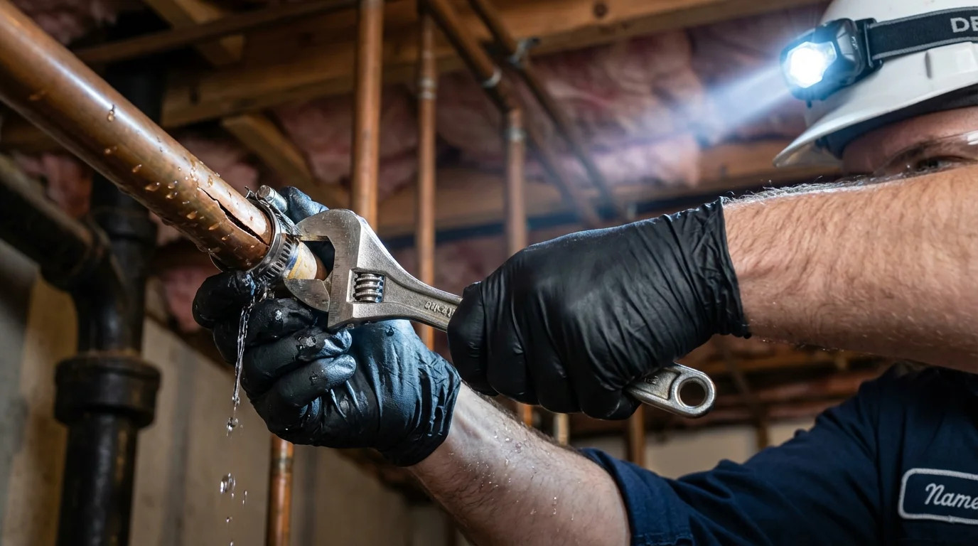 Emergency pipe clamp repair being performed by a Johns Plumbing LLC plumber in Catoosa