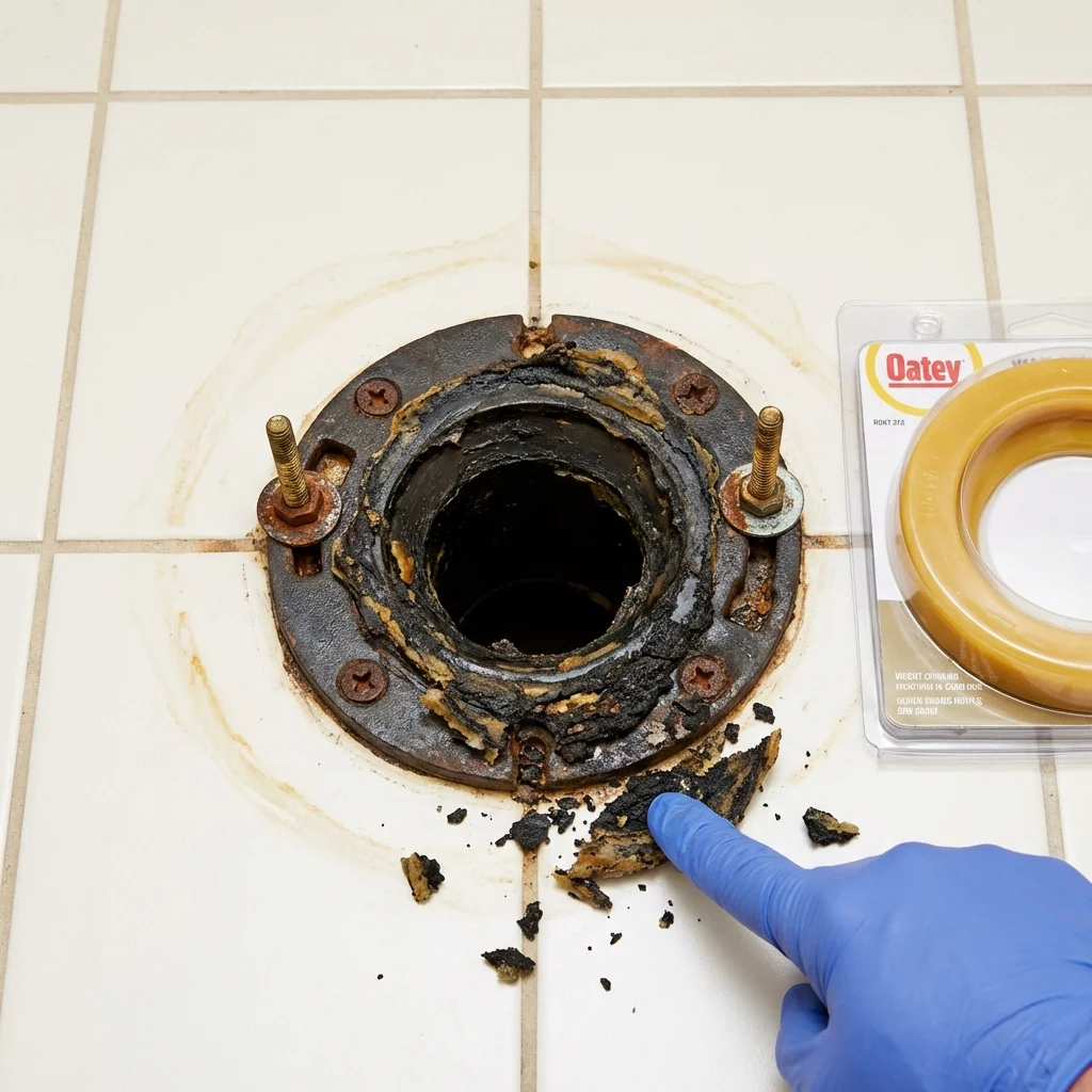 Failed wax ring showing water seepage at the base of a toilet in a Catoosa, OK home