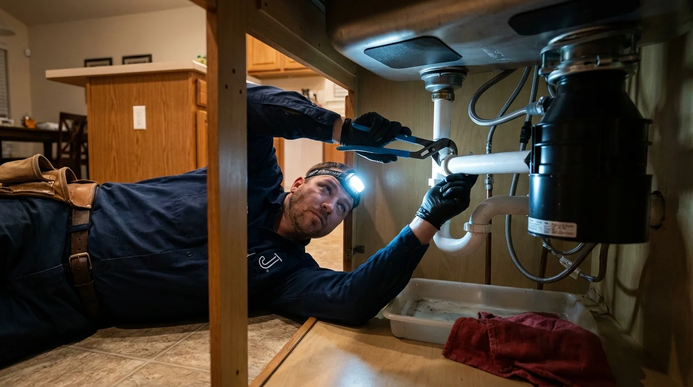 P-trap and supply line connections under a kitchen sink showing a common leak point in Catoosa, OK